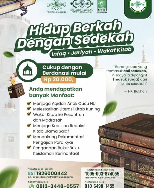 PCINU Korea Selatan Bekerja Sama dengan PCNU Tulungagung Buka Program Amal Jariyah Infaq, Jariyah, Wakaf Kitab