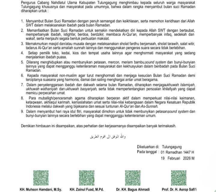 PCNU Tulungagung Terbitkan Himbauan Ramadan 1447 H